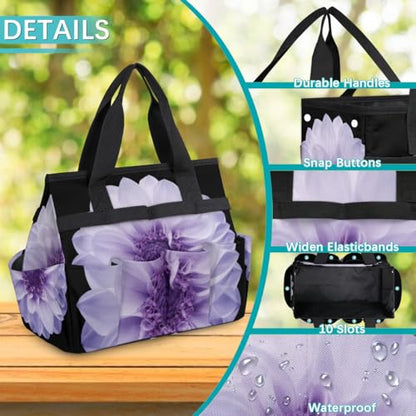 Purple Dahlia Garden Tool Bag Waterproof Gardening Tool Storage Bag with Handle & 10 Pockets Gardening Tote Bag for Women Garden Tool Organizer - color: Purple Dahlia