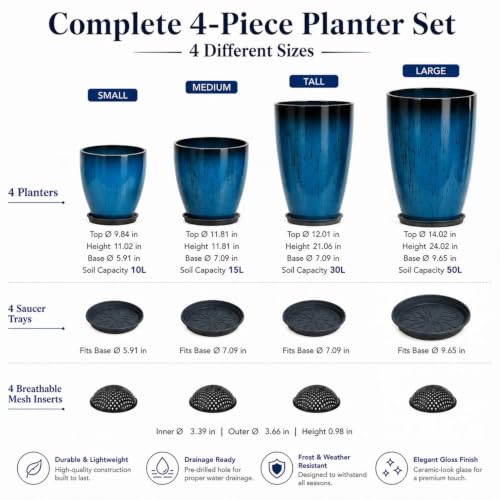 Usocik Large Outdoor Planters, Set of 4, 10/12/21/24 Inch, Blue Glazed - color: Aqua Blue Glaze