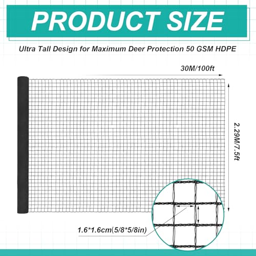 7.5ft*100ft Deer Fence Netting, Heavy Duty HDPE Mesh Animal Barrier, Black - size: 7.5ft*100ft