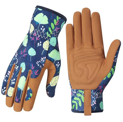 Gardening Gloves for Women, Breathable Leather Garden Gloves,Gardening Gift - color: Brown-green Leaves