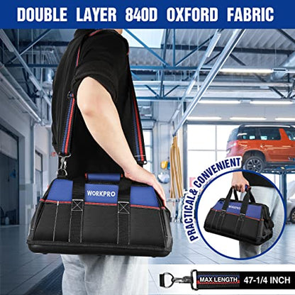 WORKPRO 16-inch Wide Mouth Tool Bag with Water-Proof Molded Base - color: Blue & Red