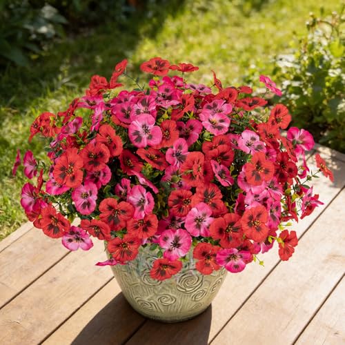 Artificial Flowers for Outdoor Faux Pansies Fake Flowers Plants,12 Bundles - color: Red Dark Pink