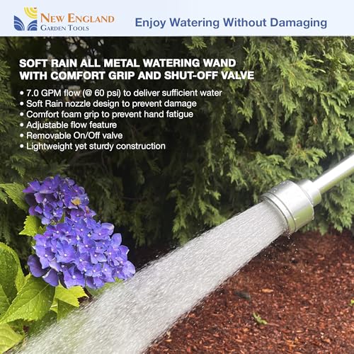 30 Inch Soft Rain Watering Wand 600003, Gentle Shower Spray, Heavy Duty Lightweight Metal Build, Comfort Grip, Flow Control Shut Off Valve, for Plants, Yards, Cars & Pets, by New England Garden Tools - size: 30 Inch - Soft Rain