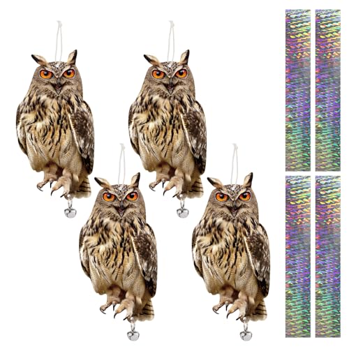 Hanging Plastic Owls for Gardens, 4PCS Reflective Hanging Owl Decoration Woodpecker Control Device with Reflective Tape, Jinging Bell for Garden Patio Windows - color: 4 Brown Owl