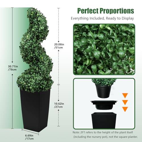 Mavis's Diary Artificial Spiral Topiary Tree 2.6ft with Elegant Sculpted Shape, UV Resistant Faux Boxwood in Square Black Pot for Indoor Entryway, Living Room, Office, Home Decor - size: 2.6ft
