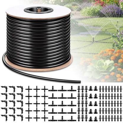 100 ft 1/4 Inch Drip Irrigation Tubing Kit, 1/4" Black Drip Hose with 110 Pcs Fittings, Distribution Hose Tube Set with Spool for Garden DIY Irrigation System