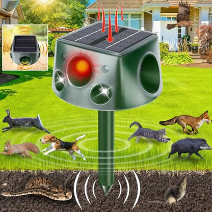 Squirrel Repellent,4 Sided 360° Cat Repellent Outdoor with 7 Modes Adjustable,IP66 Waterproof Deer Repellent Devices,Double-Sided Flashing Light & Ultrasonic Speaker for Cat Squirrel Bird Dog Deer