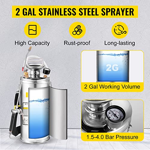 Happybuy 2 Gallon Stainless Steel Sprayer, 20" Wand & 3FT Reinforced Hose, Hand Pump Sprayer with Pressure Gauge, Safety Valve & Adjustable Nozzle, Weed Sprayers for Lawn, Gardening &Sanitizing1 - size: 2 Gallon
