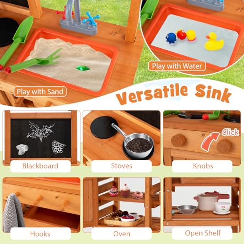 GLACER Mud Kitchen, Fir Wood Kids Play Kitchen with Adjustable Canopy, 4 Planting Pots, Blackboard, Kids Potting Bench Table, Outdoor Mud Table for Girls & Boys 3+