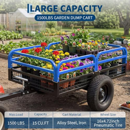 1500-Lb Capacity Heavy-Duty Steel Dump Cart with Removable Rear Panel - color: Blue