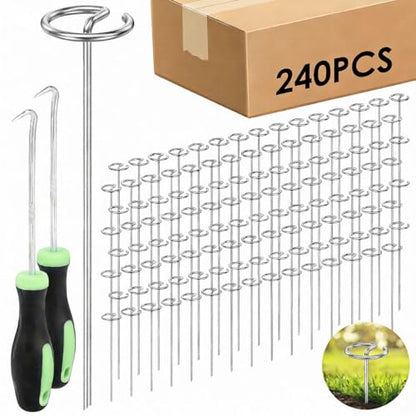 240 Pcs Landscape Fabric Pins 6 inch, Thickened 8 Gauge Circle Top Garden Stakes, Landscape Staples Pins with 2 Puller Hooks for Tent Weed Barrier Fabric Plant Cover Landscape Pins Stronger - size: 6inch-240pcs
