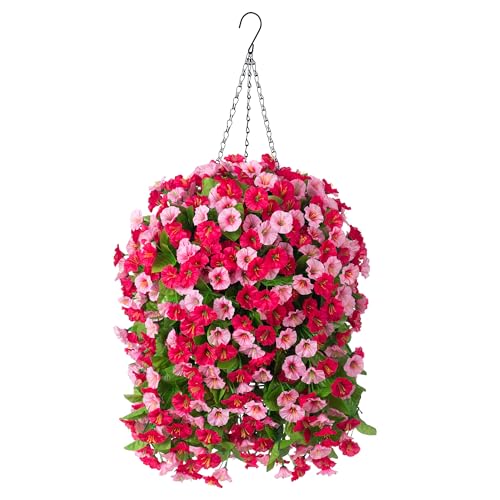 Artificial Flowers with Hanging Basket, Outdoor Faux Plants UV Resistant - color: Hot Pink