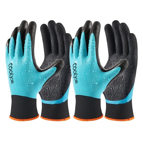 COOLJOB Waterproof Gardening Work Gloves with grip for Women & Men, Double Rubber Coated for Garden Yard Outdoor Construction Worker, Blue Large Size 2 Pairs - color: No Fleece/Blue, size: Large (Pack of 2)