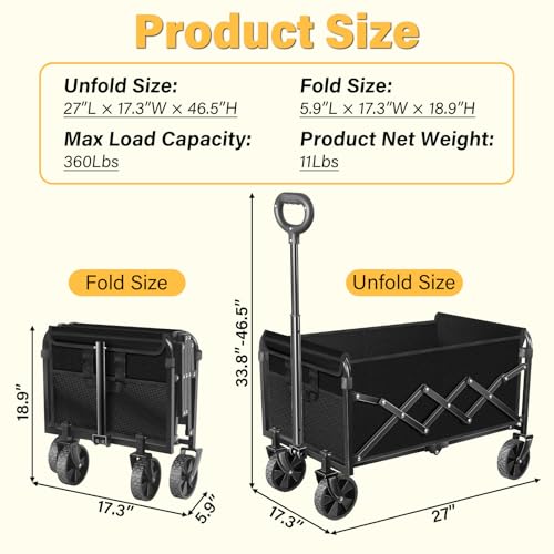 Collapsible Wagons Carts Foldable, 360Lbs Foldable Wagon with Wheels - color: Black