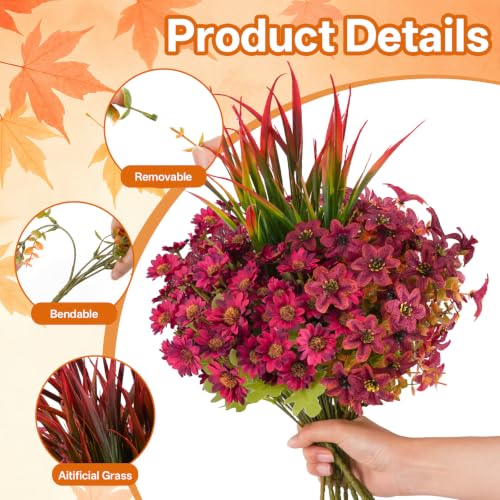 18PCS Artificial Fall Flowers Outdoors, UV Resistant Fake Mums with Grass - color: Burgundy Daisies & Violets & Grass