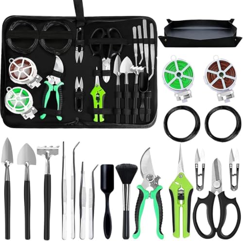 Bonsai Tools Set, 20-Piece Bonsai Tools Set with Waterproof Repotting Mat, Pruning Shears, Scissors & Training Wire - Indoor Gardening Starter Gifts for Women, Men & Beginners - color: Green