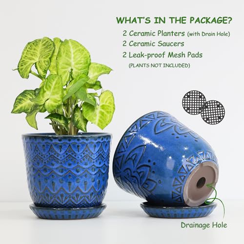 Gepege Ceramic Plant Pots, 6 Inch Indoor Planters with Drainage & Saucers - color: Blue-c, size: 6 Inch - Set of 2