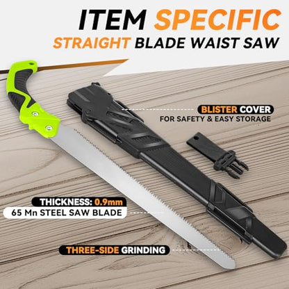 Auto Dynasty 15.5" Curved Hand Pruning Saw Straight Blade Handsaw with Scabbard Safety Sheath Non-Slip Comfort Grip for Sawing, Trimming, Gardening, Cutting Wood, Green - style: Straight Blade Waist Saw