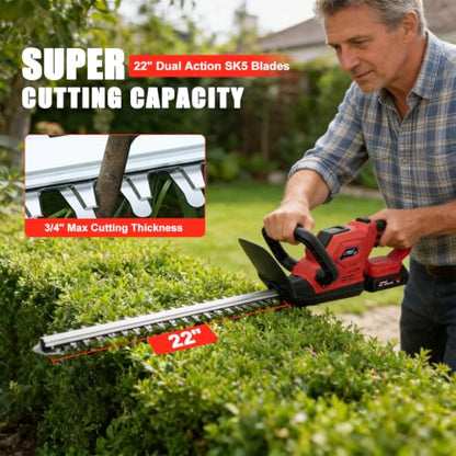22" Cordless Hedge Trimmer, Electric Bush Trimmer with 2 Pack Battery - color: Red