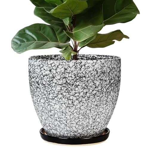 10 Inch Plant Pot - Ceramic Planter for Indoor Outdoor, Round Large Plant Pots, Modern Planter with Drainage Hole and Tray, Home Room Office Garden Decor, Gifts for Women Men, White-Black - color: Black-wood Crack, size: 10 Inch