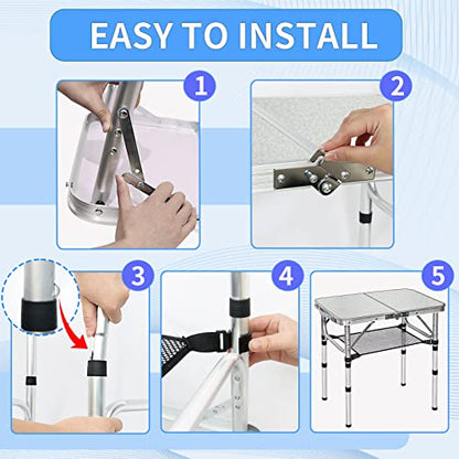 Small Folding Table with Storage Net, 24" x 16" Portable Foldable Camping Table with 3 Adjustable Height, White Metal Table for Beach, Patio, BBQ