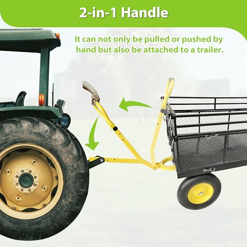 KEIKI 1400 lb Steel Garden Cart with Removable Mesh Sides, Heavy Duty Utility Wagon Convertible Flatbed, 16 in Pneumatic Tires, 2-in-1 Handle Tow Behind or Pull for Yard, Farm, Lawn - color: Yellow
