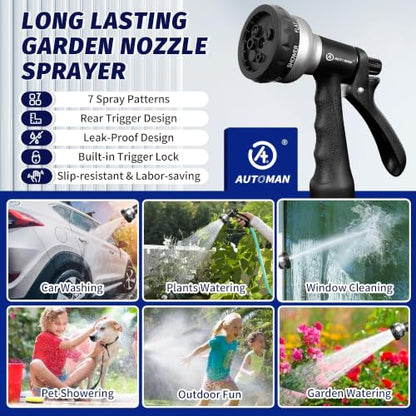 AUTOMAN-Garden-Hose-Nozzle, ABS Water Spray Nozzle, 7 Adjustable Watering Patterns, Slip Resistant for Watering Plants, Lawn& Garden, Washing Cars, Cleaning, Showering Pets & Outdoor Fun.Silver Color - color: Silver