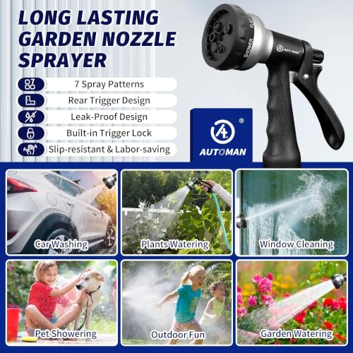 AUTOMAN-Garden-Hose-Nozzle, ABS Water Spray Nozzle, 7 Adjustable Watering Patterns, Slip Resistant for Watering Plants, Lawn& Garden, Washing Cars, Cleaning, Showering Pets & Outdoor Fun.Silver Color - color: Silver