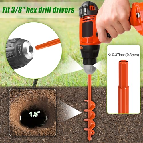 Insaga 1.6" x 16" Auger Drill Bit for Planting, 2.5mm Thick Spiral Earth Drill Garden Auger for Post Hole Digger, Solid Steel Bright Orange Powder Coated, Fit 3/8'' Hex Drive for Bulb Flower Garden - size: 1.6'' x 16''