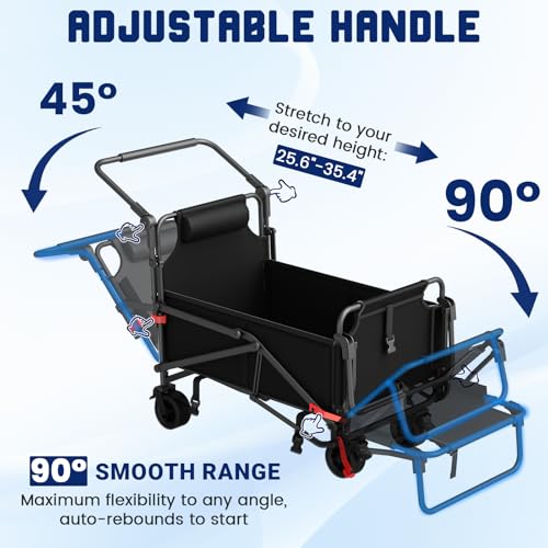LEVELEVE Heavy Duty Folding Wagon - 2-in-1 Collapsible Cart, All-Terrain Wheels w/Brakes & Side Pockets (Black, 400lb Capacity) - color: Black, size: Medium
