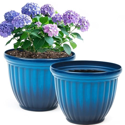 Autodaya 15" Large Planters for Outdoor Plants Set of 2 Plastic Flower Pots - color: 15" Gradient Cobalt Blue Finish