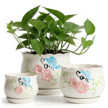 Ceramic Plant Pots with Drainage Holes and Saucers, Small Planters Set of 3 - color: White02