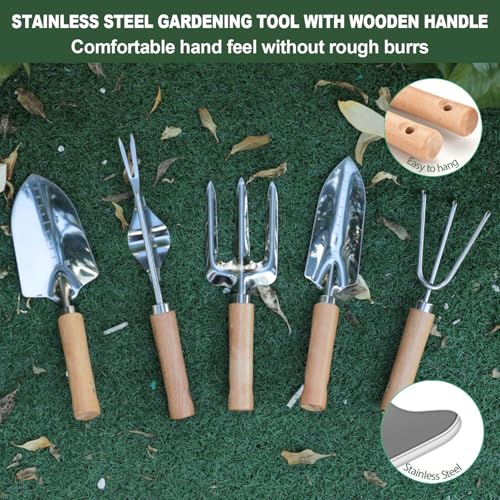 10 Piece Green Gardening Tool Set– Stainless Steel Tools with Wooden Handles, Folding Stool & Canvas Tote, Durable Garden Kit for Every Gardener