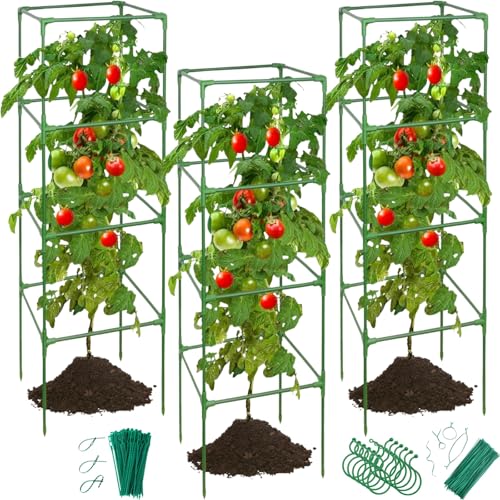 3 Pack Tomato Cages for Garden - 48" Square Tomato Cage for Pots & Raised Garden Bed - Heavy Duty Tall Tomatoes Trellis Plant Stakes Support for Vertical Climbing Plants Vegetables & Flowers - color: Green - Square