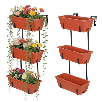 OYEAL Hanging Flower Pots for Railing Fence Outdoor Window Boxes Planter with Adjustable Hooks, Set of 2 Deck Rail Planters with 6 Detachable Plastic Planter Boxes, Drainage Holes, Brick Red - color: Brick Red