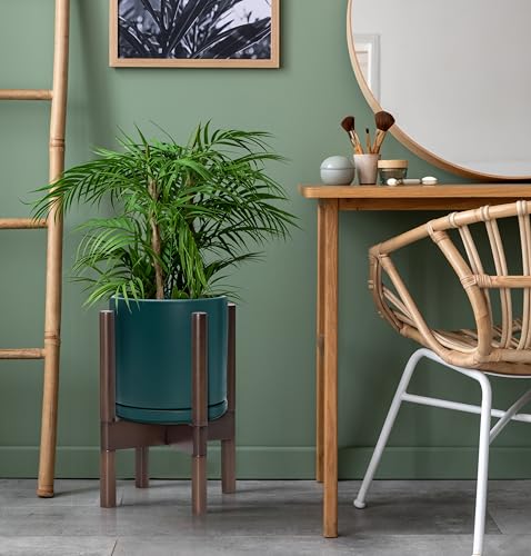 D'vine Dev Ceramic Pot with Walnut Wood Stand, Teal, 8 in, 55-B-Y-4 - color: Teal Pot + Walnut Color Stand, size: 8 Inch