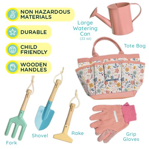 Gardening Set, Tool Kit, for Kids, STEM, Includes Tote Bag, Spade, Watering Can, Rake, Fork, Trowel and Gloves (Petal) - color: Petal
