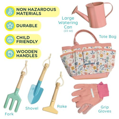 Gardening Set, Tool Kit, for Kids, STEM, Includes Tote Bag, Spade, Watering Can, Rake, Fork, Trowel and Gloves (Petal) - color: Petal
