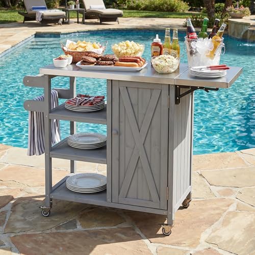 Fold-able Outdoor Storage Box with Stainless Steel Worktop, Fir Wood Patio Storage Cabinet with Lockable Wheels and Towel Rack, 40 Inch Deck Box for Grilling and Garden Tools, Grey - color: Grey - 39.70 X 15.00 X 33.40 Inch