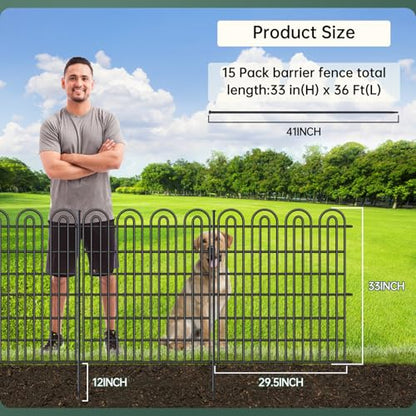 15 Panels Tall Garden Animal Barrier Fence with Gate, 33 in(H) X 36.8 ft(L) No Dig Decorative Garden Fence Outdoor for Yard, Heavy Duty Rustproof Metal Edging Border for Dog, Rabbits