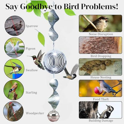 9 PCS Stainless Steel Bird Deterrent – 3D Wind Spinner with Bells, Visual & Sound Bird Scarer, Reflective Wind Chimes to Keep Woodpeckres, Pigeons, Crows Away, Garden Decor for Yard Patio Farm
