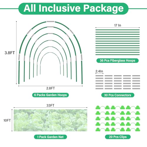 Garden Mesh Netting Kit for Raised Beds, 10x33FT Ultra Fine Mesh Netting& 6 Sets 8FT Fiberglass Garden Hoops, Insect Netting Row Cover, Pest Barrier Protection for Vegetable Fruits Flowers