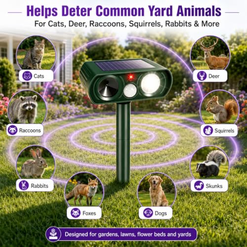 4 Pack Sonic Fortress Pro Deer Repellent for Plants,Cat Repellent Outdoor Solar Animal Repeller Ultrasonic Deterrent with Flashing Light Waterproof for Squirrel Rabbit Raccoon Fox for Garden
