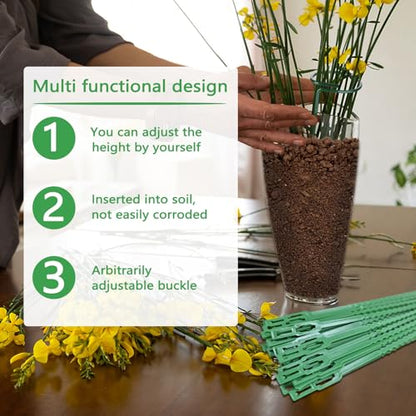 Huakaile 4 Packs Adjustable 23.6" Plant Stakes and Supports with 30 Pieces 9" Twist Ties, Green Plant Holder Stick Outdoor Indoor, Metal Flower Support Stakes Rings for Gardens Vegetables (60 cm) - size: 60 cm