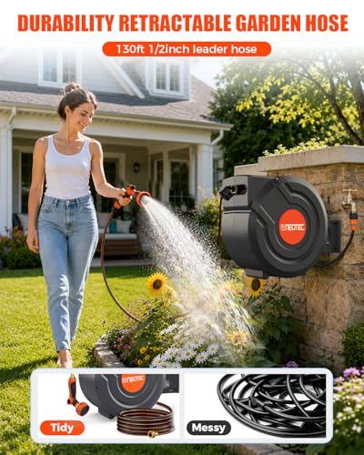 130FT Retractable Garden Hose Reel 1/2 Inch, Heavy Duty Wall Mounted Water Hose with Metal Bracket, Auto-Lock, Slow Return, 180° Swivel & 9-Pattern Spray Nozzle, UV Resistant Outdoor