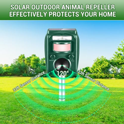 Solar Ultrasonic Animal Repellent Outdoor,Motion Detection & LED Flashing Strobes,Deer Repellent Devices Squirrel Cat Skunk Rabbit Raccoon Deterrent,Keep Critter Coyote Away Yard, Farm, Garden(Green)