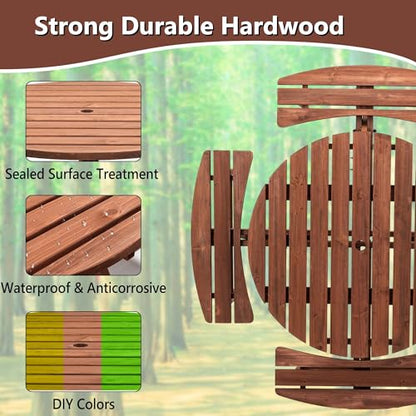 Outdoor Picnic Table for 8 Person, Wooden Picnic Tables with 4 Built-in Benches and Umbrella Hole Outside Table and Bench Set Round Picnic Table for Garden, Backyard, Porch,Patio （Natural - size: 8Person-Round-B