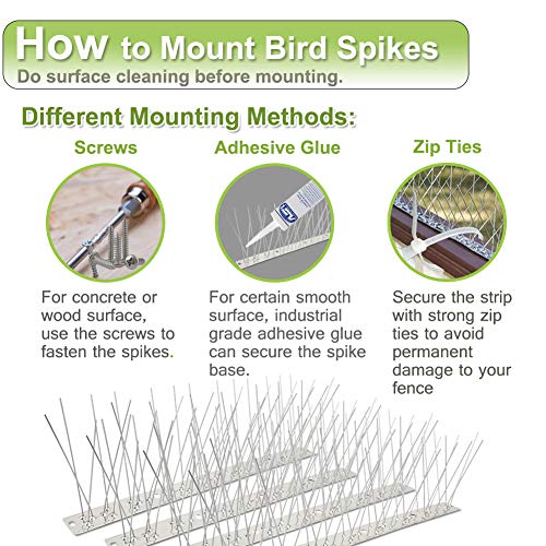 Bird Spikes Stainless Steel 60ft Coverage 56 Pack for Pigeons Small Birds Outdoor Use Bird Prevention Strips for Fence Crows Woodpeckers with 304 Stainless Steel Pins and Base Not Rusty - size: 60 feet (56 pieces)