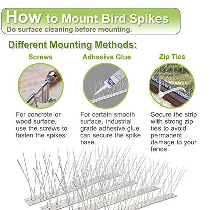 Bird Spikes Stainless Steel 60ft Coverage 56 Pack for Pigeons Small Birds Outdoor Use Bird Prevention Strips for Fence Crows Woodpeckers with 304 Stainless Steel Pins and Base Not Rusty - size: 60 feet (56 pieces)