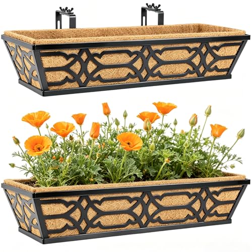 2 Pack 30 Inch Railing Planter Boxes with Coco Liner, Large Metal Window Boxes Planters for Deck Railing, Extra Wide Hanging Horse Trough for Outdoor Plants and Balcony Rails - size: 30 Inch